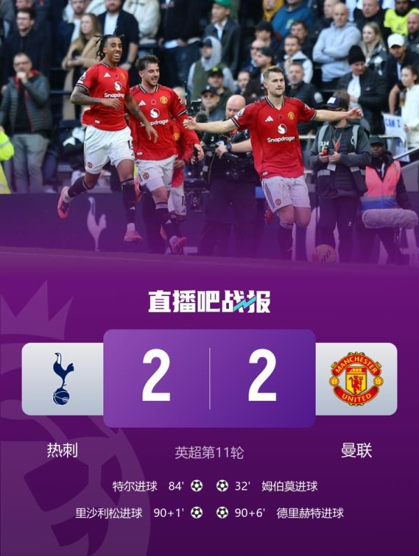 过山车！曼联连续两轮先进球+被逆转+扳平，自2012年曼城以来首队