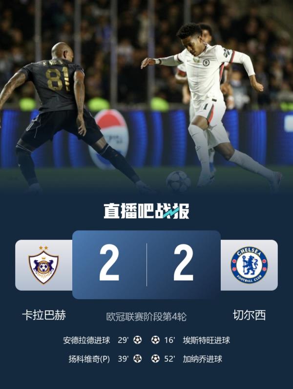 英超6队本轮欧冠均不败：切尔西憾平卡拉巴赫，其余5队全胜